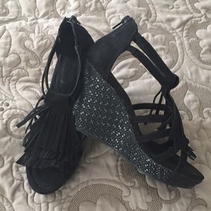 Maurice’s suede fringe wedge sandals